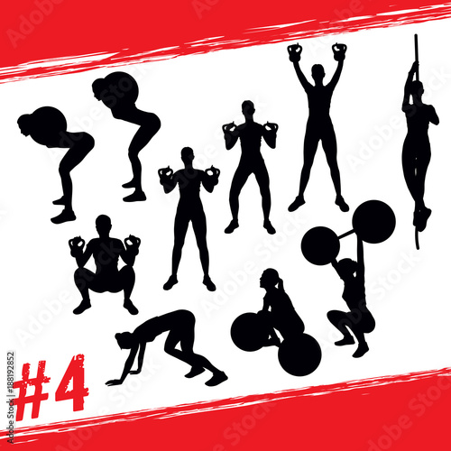 Vector silhouettes of people doing fitness and crossfit workouts