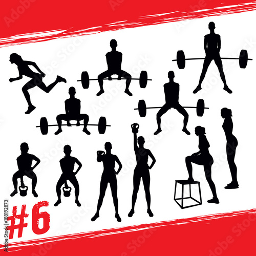 Vector silhouettes of people doing fitness and crossfit workouts