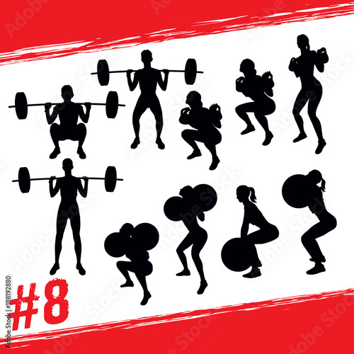 Vector silhouettes of people doing fitness and crossfit workouts