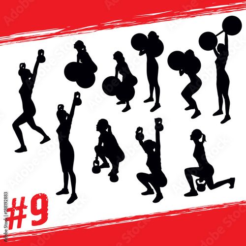 Vector silhouettes of people doing fitness and crossfit workouts