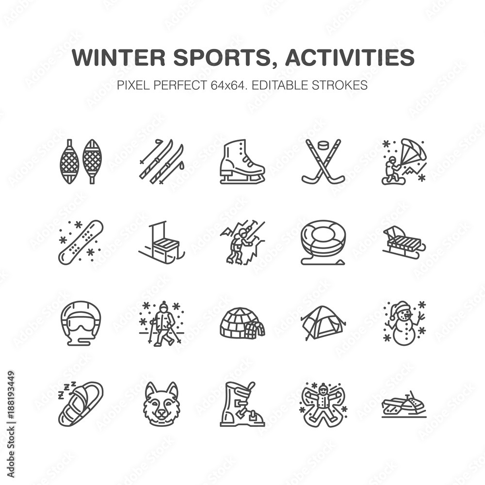 Winter sports vector flat line icons. Outdoor activities equipment snowboard, hockey, sled, skates, snow tubing, ice kiting. Linear pictogram with editable stroke for ski resort. Pixel perfect 64x64.