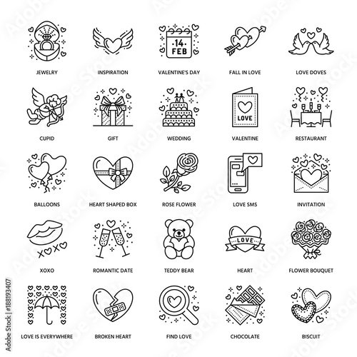 Valentines day flat line icons. Love, romance symbols - hearts, engagement ring, wedding cake, Cupid, romantic date, valentine card, doves kiss. Thin linear signs for february 14 celebration.