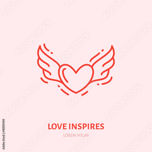 Flying heart with wings illustration. Fall in love flat line icon, romantic relationship. Valentines day greeting sign.