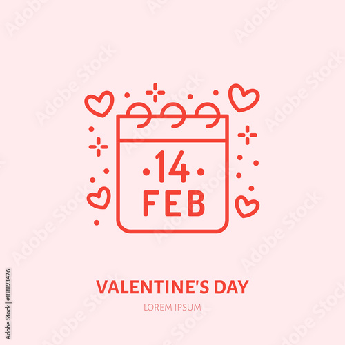 Calendar with february 14 date flat line icon, romantic relationship. Valentines day greeting sign.