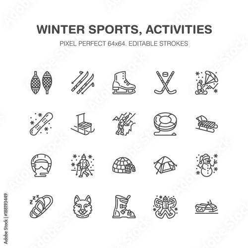 Winter sports vector flat line icons. Outdoor activities equipment snowboard, hockey, sled, skates, snow tubing, ice kiting. Linear pictogram with editable stroke for ski resort. Pixel perfect 64x64.