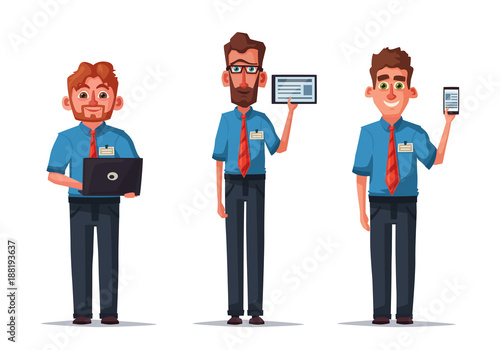 Sellers with Phone, Tablet and Laptop. Cartoon vector illustration