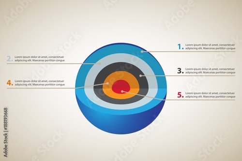 Spherical diagram consisting of 5 layers. Infographic set for presentations. Layered sphere. Round design element isolated on white background. Abstract vector infographic illustration.