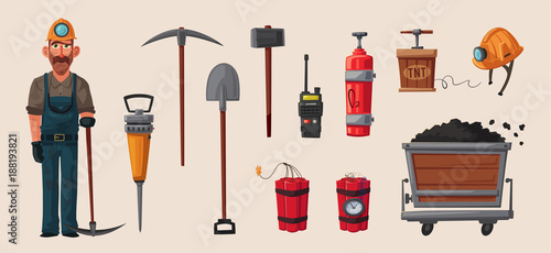 Set of mining tools. Worker's inventory. Cartoon vector illustration