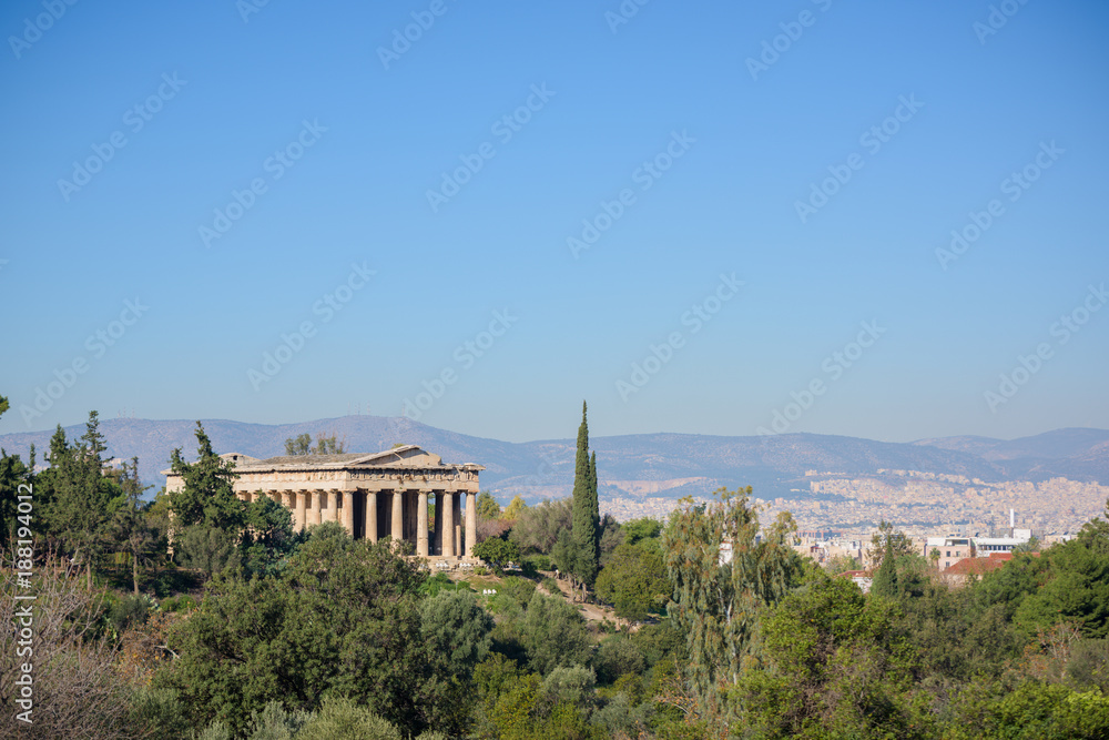 Athens ancient Greek Agora with Hephaistos theatre and city landscape, Greece.