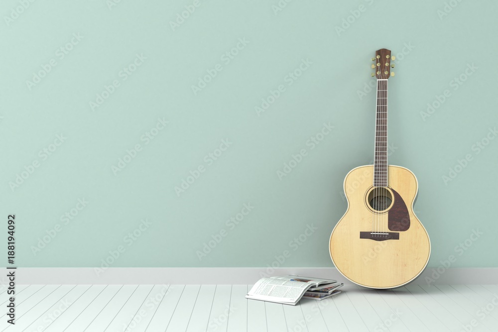 Fototapeta Classic style guitarput on the floor in a living room. minimal style concept.