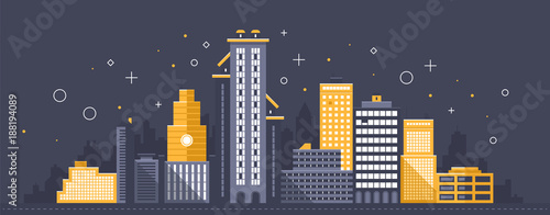 City illustration. Towers and buildings in modern flat style on dark background