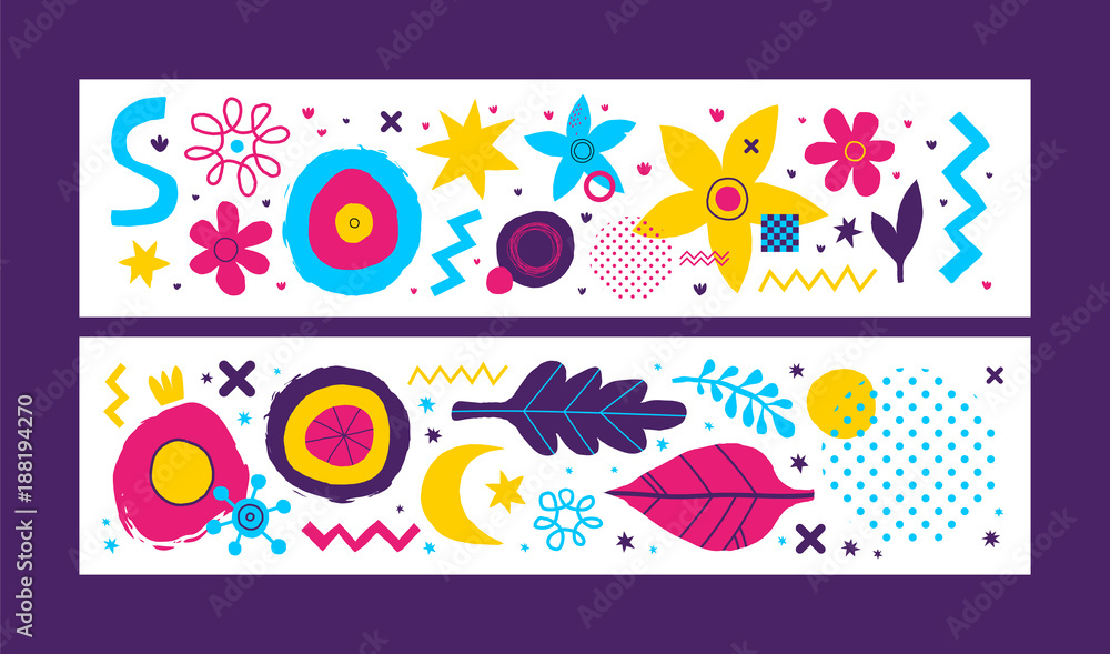 Set of two horizontal banners with abstract hand drawn elements. Useful for advertising and graphic design.
