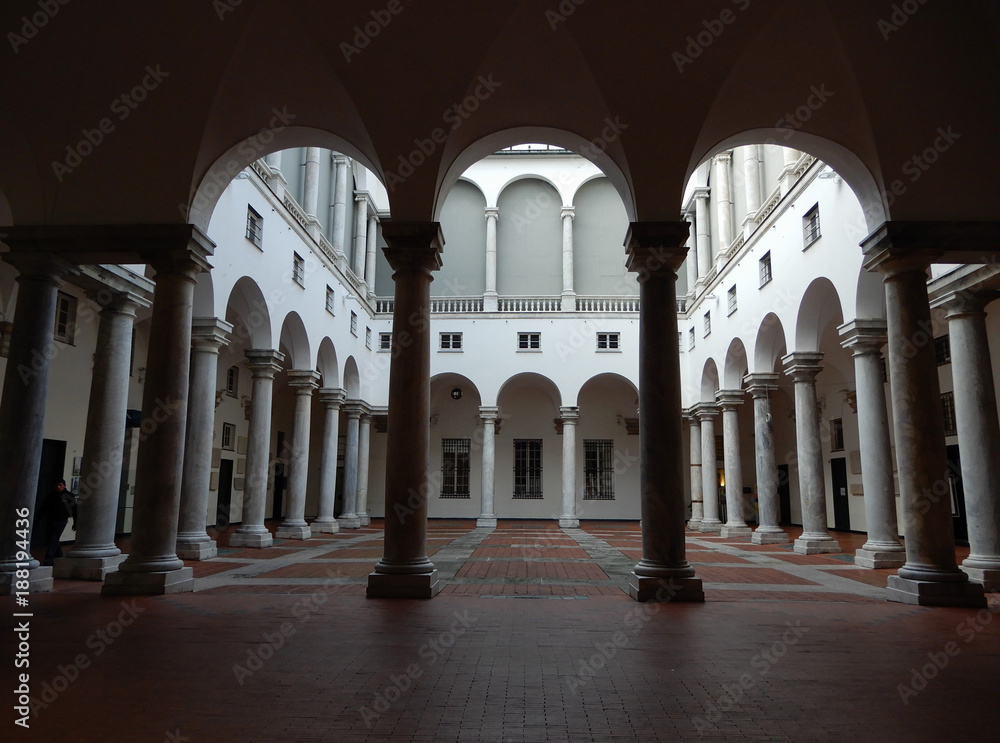 Colonnade of the external courtyard of the Palazzo Ducale in the italian city of Genoa (Genova), Italy