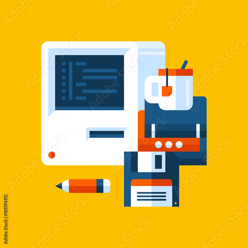 Colorful illustration about computer science and programming in modern flat style. College subject icon on yellow background. Vintage computer, floppy disk, books.