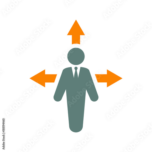 Icono plano hombre con tres flechas gris y naranja en fondo blanco