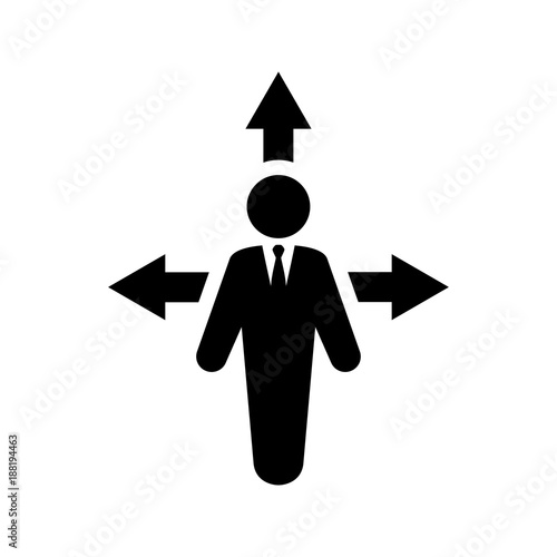 Icono plano hombre con tres flechas negro en fondo blanco