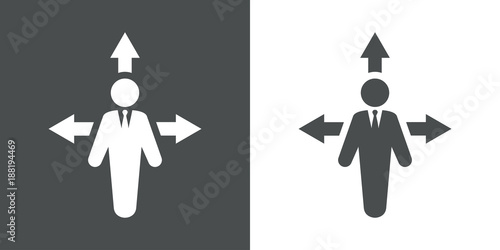 Icono plano hombre con tres flechas gris y blanco