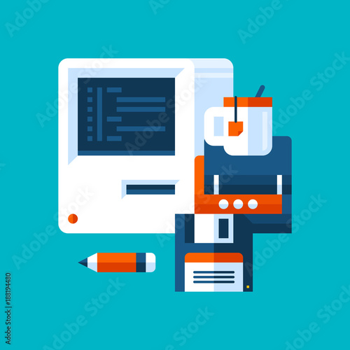 Colorful illustration about computer science and programming in modern flat style. College subject icon on cyan background. Vintage computer, floppy disk, books.