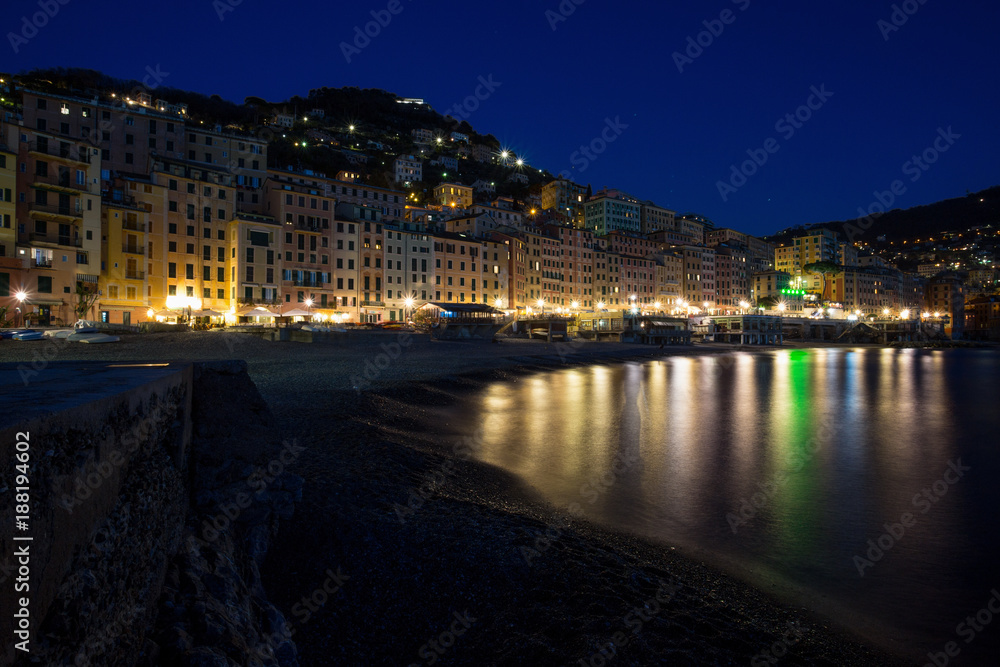 CAMOGLI, ITALY, JANUARY 13, 2018 - Panoramic view of city of Camogli by night , Genoa (Genova) Province, Liguria, Mediterranean coast, Italy