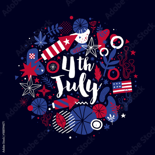 Abstract composition in a shape of a circle with patriotic elements. Useful for 4 July Independence day invitations, advertising and posters.