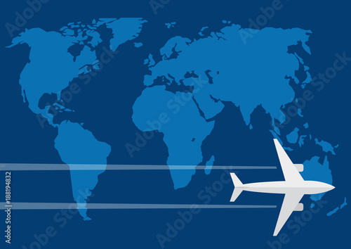 Vector air travel background. Airplane fly on the world