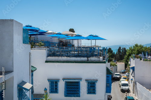  Panorama of the white city. View from above on houses and streets. Tunisia. Sidi Bou Said.