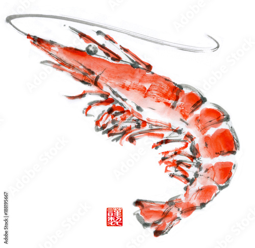 Illustration of shrimp. /The meaning of the red seal, quality product.