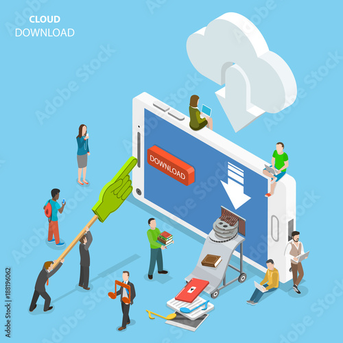 Cloud download flat isometric vector. People are downloading some content like video, music, books, films, documents, from the cloud to the smartphone by pushing corresponding button on its screen.