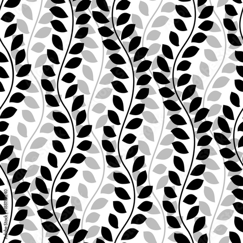 Black and white wavy ivy vines leaves vertical seamless pattern, vector