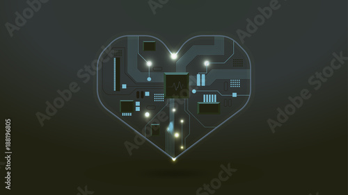 abstract digital heart mainboard background and sound wave icon