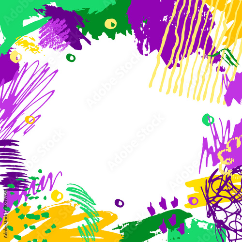 Mardi Gras card. Hand drawn Fat Tuesday background. Artistic colorful banner. Trendy abstract design with place for your text.