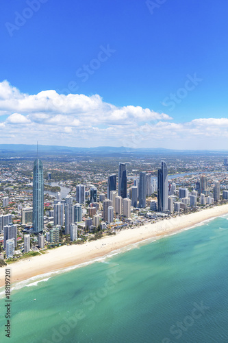 Vertical aerial view of Surfers Paradise looking inland on the Gold Coast