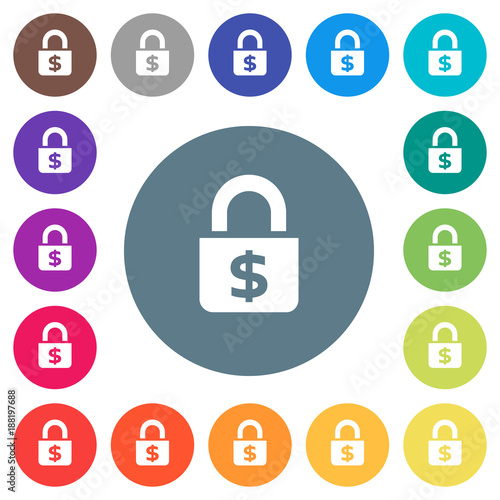 Locked Dollars flat white icons on round color backgrounds