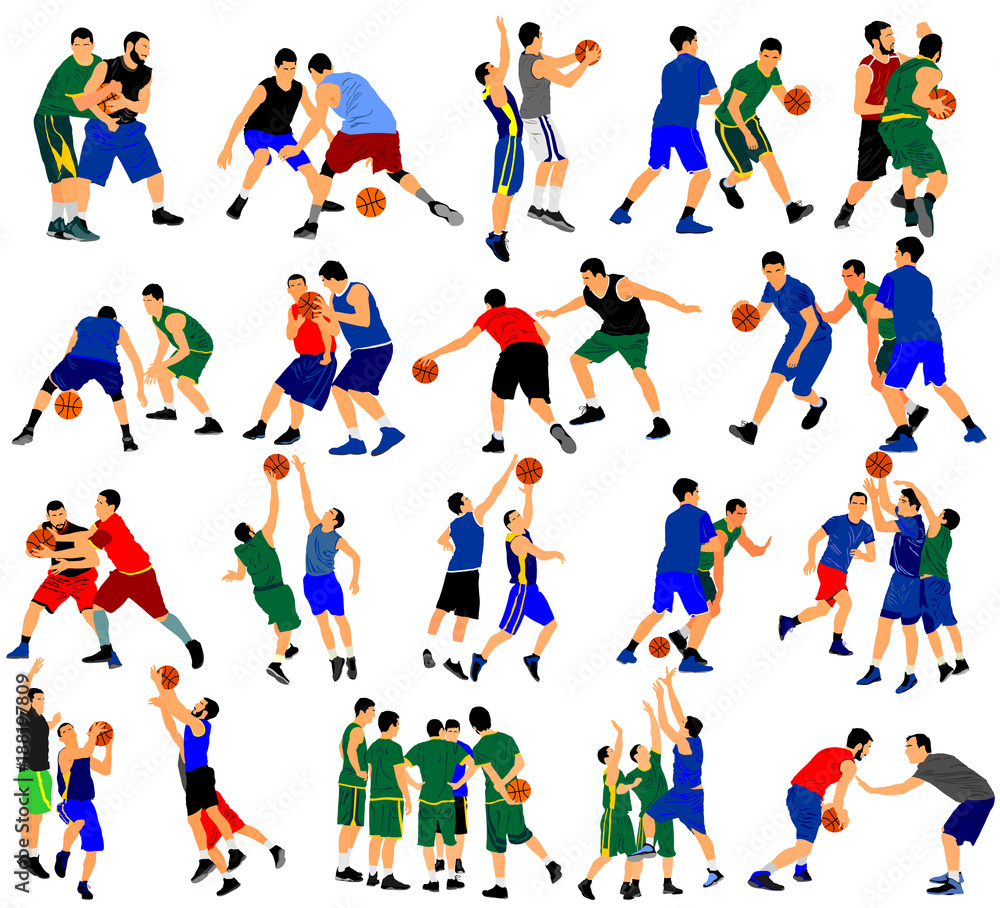 Big group of Basketball players in duel vector illustration isolated on white background. Set of several basketball situation and position in game, battle for ball.