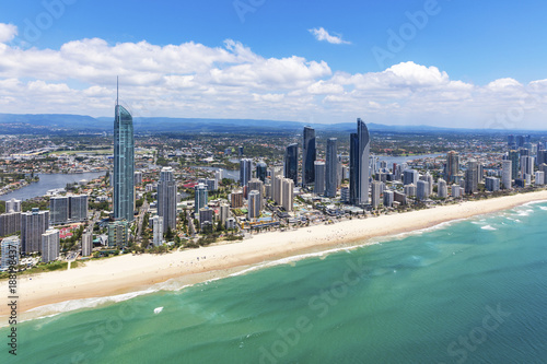 Sunny aerial view of Surfers Paradise looking inland on the Gold Coast