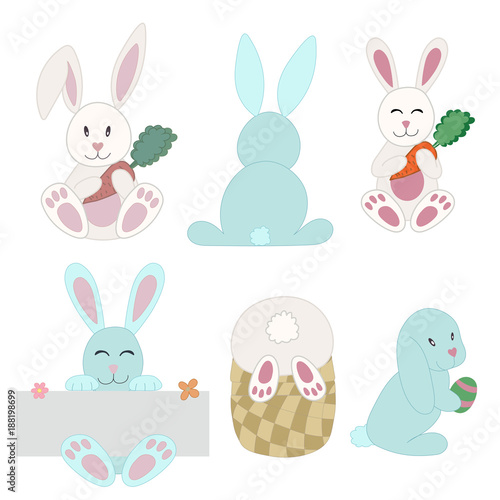 Easter bunny set in childish and cute design. Rabbits and hares with basket  carrot  egg and banner in cartoon doodle style.