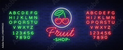 Fruit shop logo vector. Neon sign, bright nightlife advertising for fruit sales for your projects. Fruit Shop Billboard. Vegetarian food, Organic food. Vector illustration. Editing text neon sign
