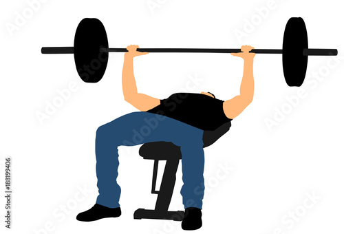Weightlifter in gym vector illustration isolated on white background. Working out. Sports guy doing exercise on the simulator.sports man. Bodybuilder in training. Health and fitness.