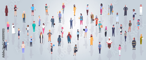 Group Of Arabic People Wearing Traditional Clothes Full Length Arab Business Man And Woman Crowd, Muslim Male And Female Flat Vector Illustration
