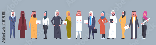 Fényképezés Arabic People Group Wearing Traditional Clothes Full Length Arab Business Man An