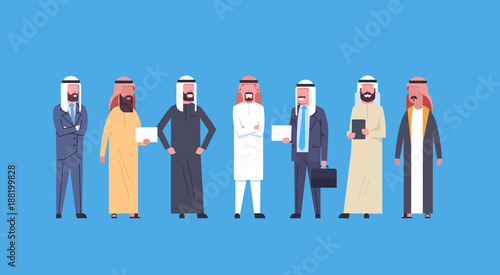 Arabic Business Men Group Full Length Arab Businessmen Wearing Traditional Clothes, Muslim Male Crowd Flat Vector Illustration