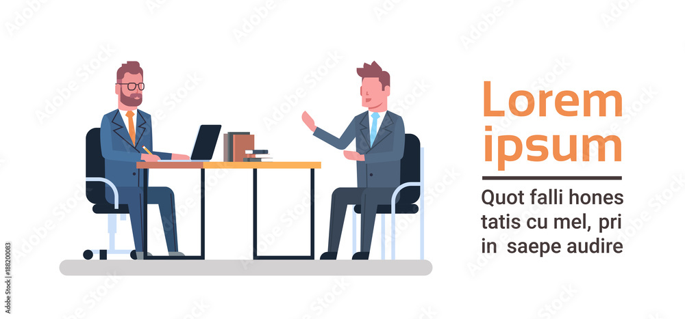 Two Business Men Sitting At Office Desk Talking Brainstorming Meeting Or Interview Concept Flat Vector Illustration Two Business Men Sitting At Office Desk Talking Brainstorming Meeting Or Interview Concept Flat Vector Illustration
