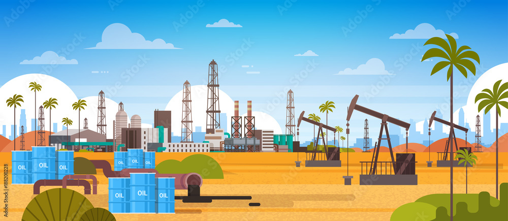 Oil Platform In Desert East Petrolium Production And Trade Concept Flat Vector Illustration