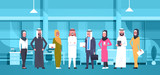 Group Of Arabic Business People In Modern Office Wearing Traditional Clothes Arab Businessman And Businesswoman Employees Workers Flat Vector Illustration