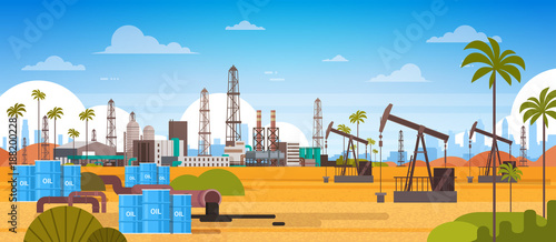 Oil Platform In Desert East Petrolium Production And Trade Concept Flat Vector Illustration