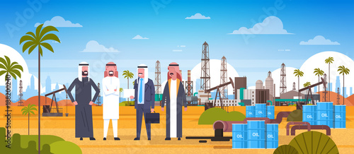 Group Of Arab Business Men On Oil Platform In Desert East Petrolium Production And Trade Concept Flat Vector Illustration