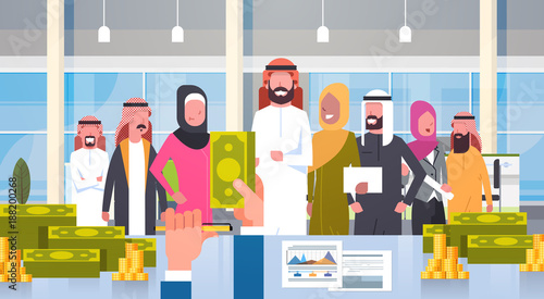 Arab Business People Group Leader Giving Salary In Dollar Boss Hand Hold Money Businesspeople Muslim Team Flat Vector Illustration