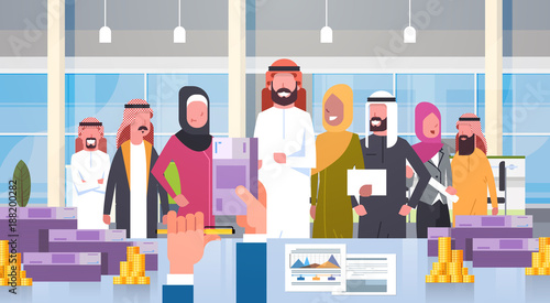 Arab Business People Group Leader Giving Salary In Euro Boss Hand Hold Money Businesspeople Muslim Team Flat Vector Illustration