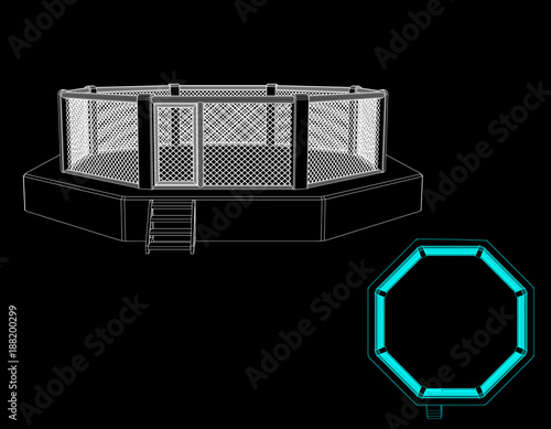 Octagon fight cage. Isolated on black background. Vector outline illustration.