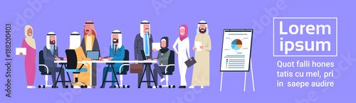 Arab Business People Group Meeting Presentation Flip Chart With Finance Data, Muslim Businesspeople Team Training Brainstorming Flat Vector Illustration
